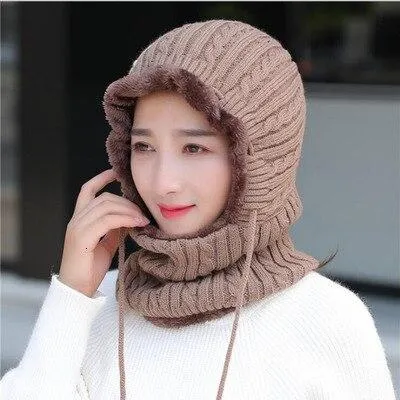 Woman Thick Warm Knitted Windproof  Beanies and Mask Balaclava