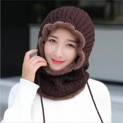 Woman Thick Warm Knitted Windproof  Beanies and Mask Balaclava