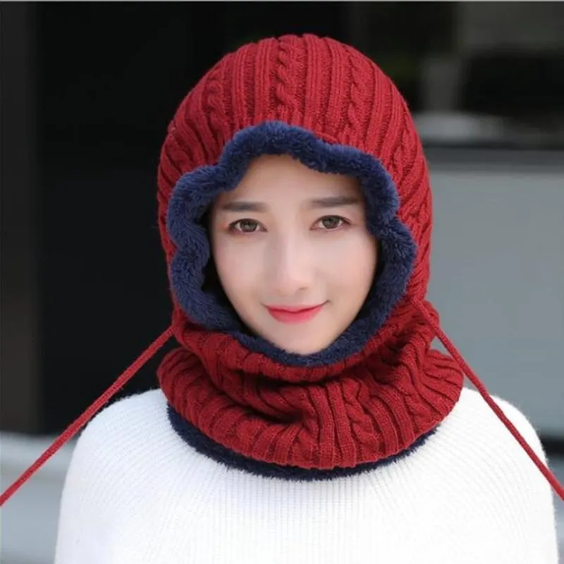 Woman Thick Warm Knitted Windproof  Beanies and Mask Balaclava