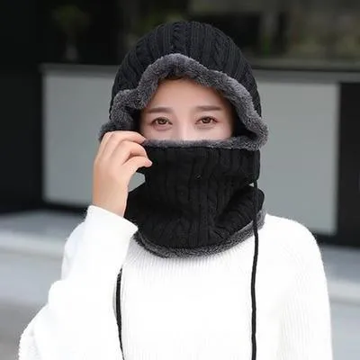 Woman Thick Warm Knitted Windproof  Beanies and Mask Balaclava