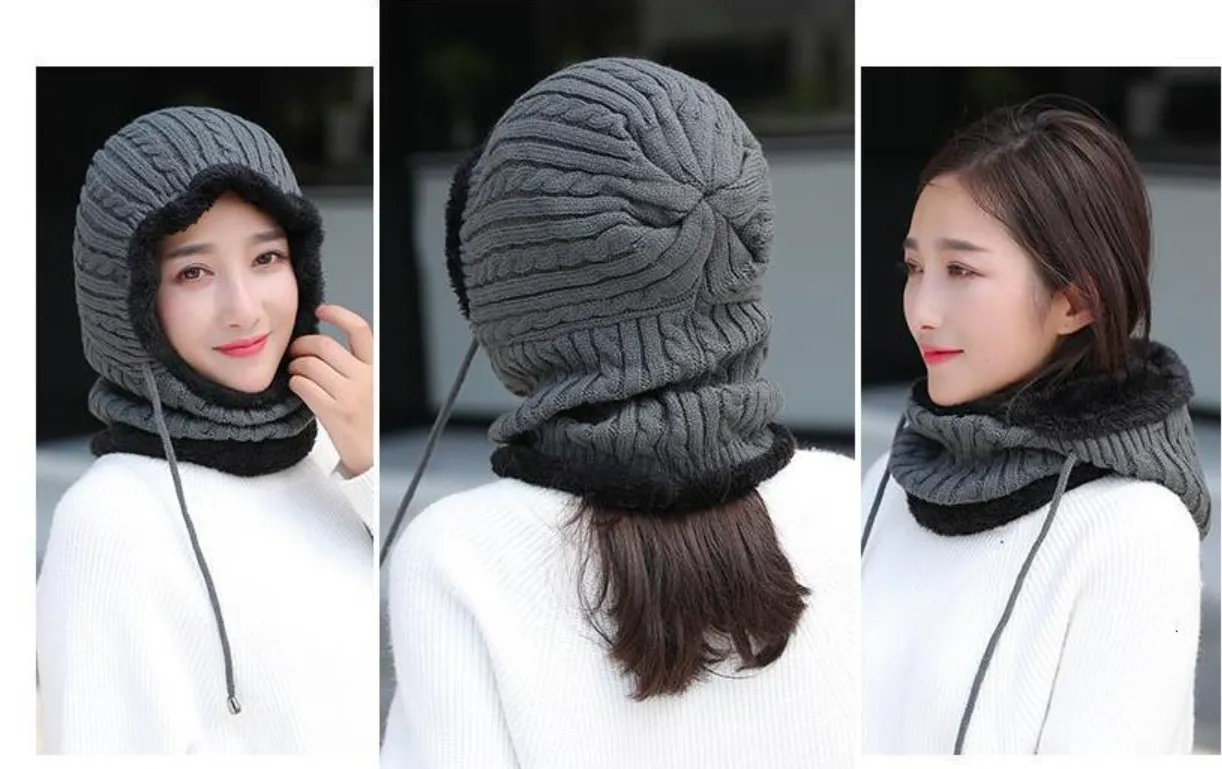 Woman Thick Warm Knitted Windproof  Beanies and Mask Balaclava