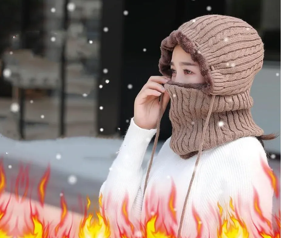 Woman Thick Warm Knitted Windproof  Beanies and Mask Balaclava