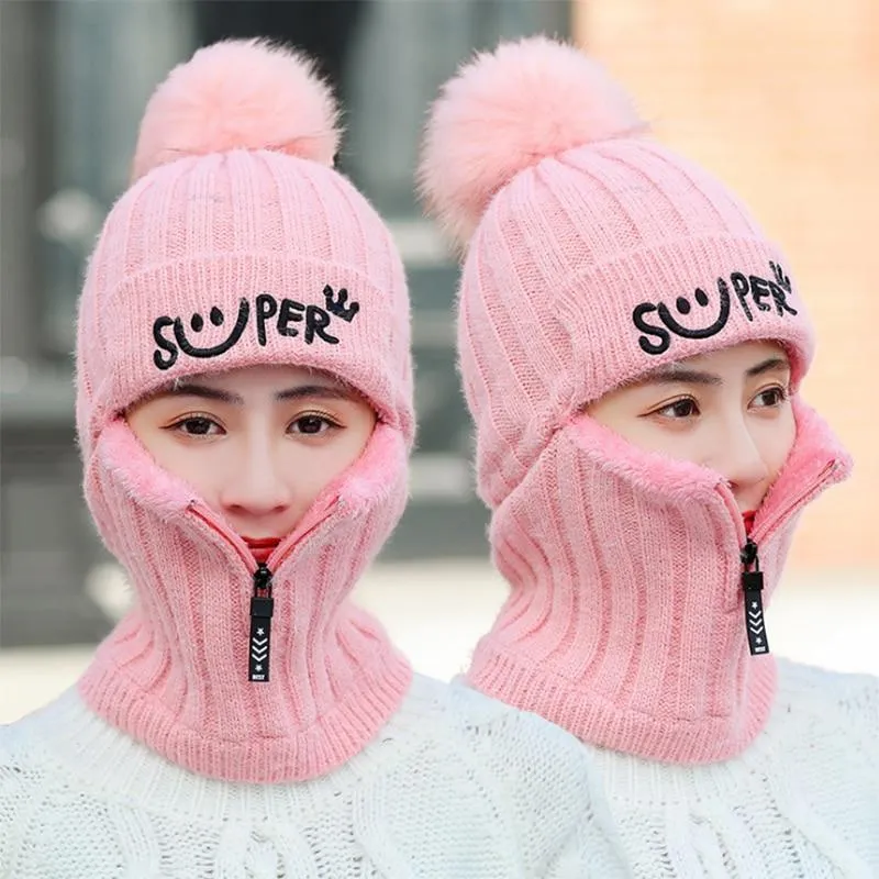 Women Winter Warm Knitted Fur Lined Hats with Zipper Face Warmer Balaclava