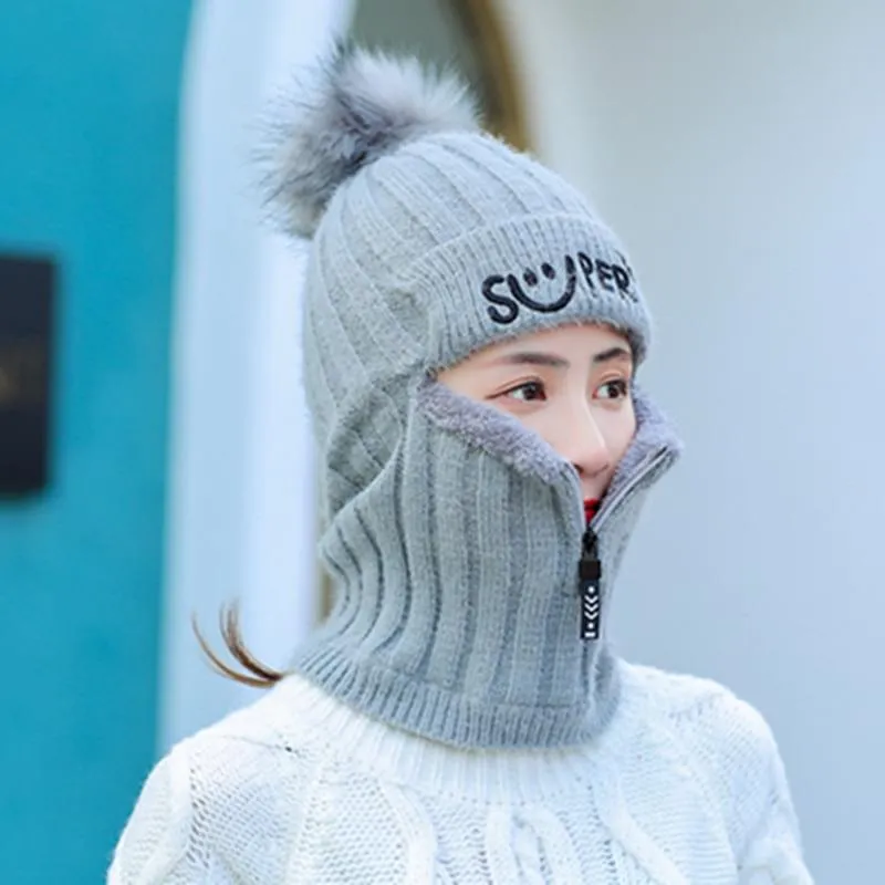 Women Winter Warm Knitted Fur Lined Hats with Zipper Face Warmer Balaclava