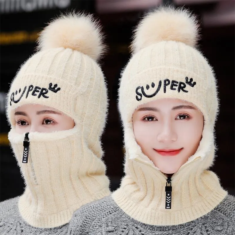 Women Winter Warm Knitted Fur Lined Hats with Zipper Face Warmer Balaclava