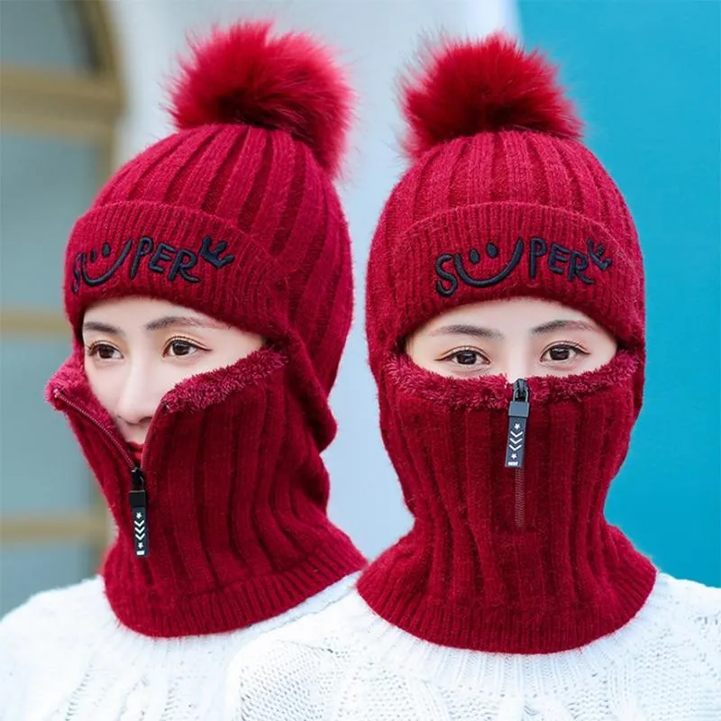 Women Winter Warm Knitted Fur Lined Hats with Zipper Face Warmer Balaclava