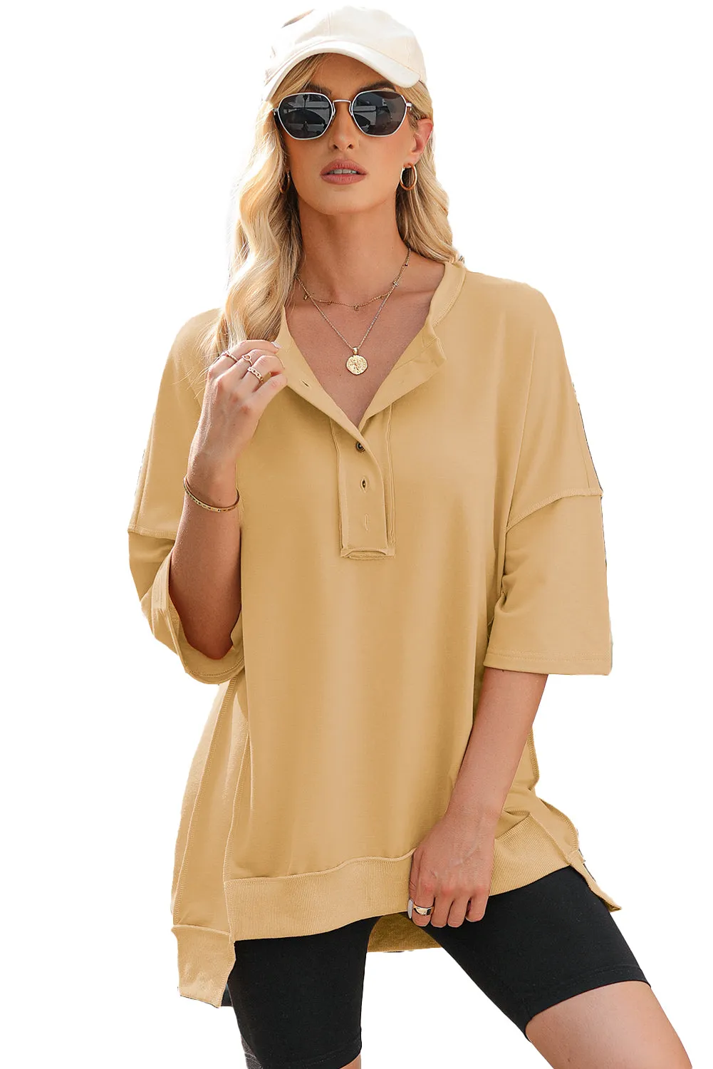 Women's Oversized T Shirts Casual Short Sleeve Henley Neck Summer Tops Tees