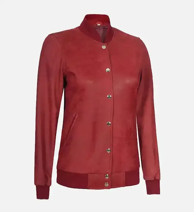 Women's Rib Knit Style Leather Maroon Bomber Jacket